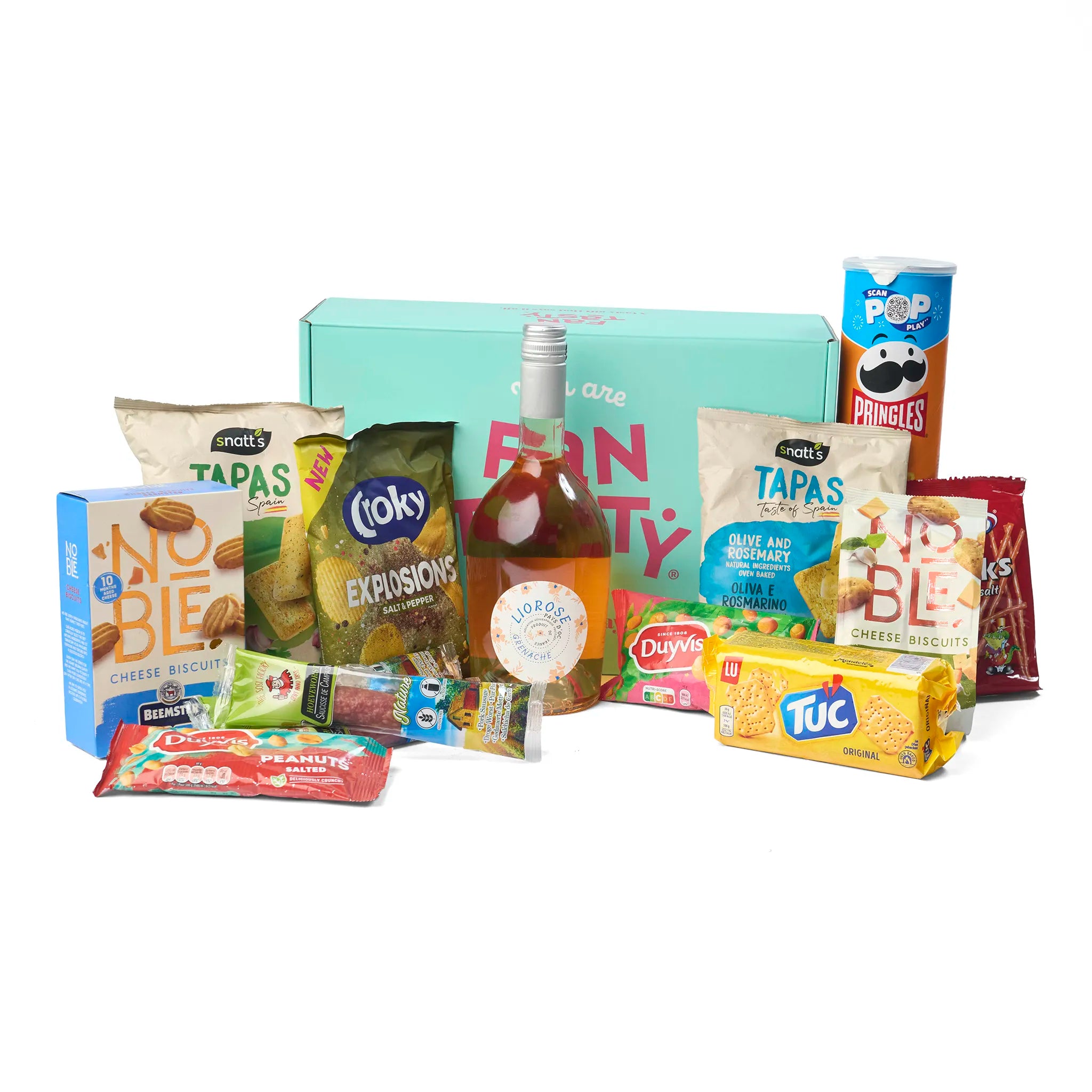 Alle producten uit het Aperitiefgeschenk ‘Sunset Sip’ uitgestald rondom de doos