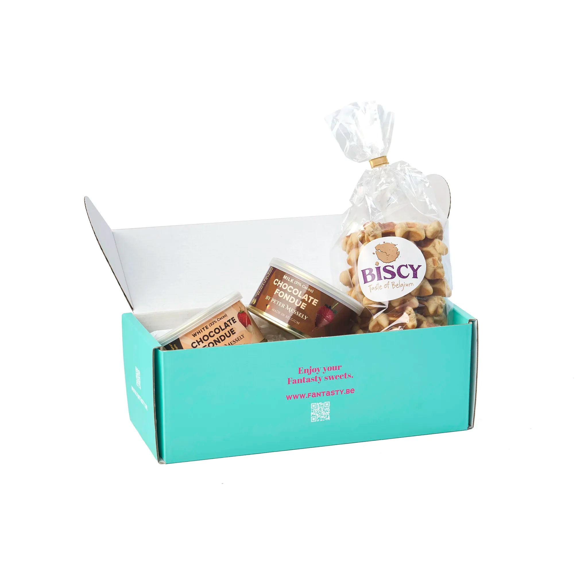 Chocolate Fondue & Biscy Belgian Waffles geschenkpakket mooi verpakt in de open cadeaudoos
