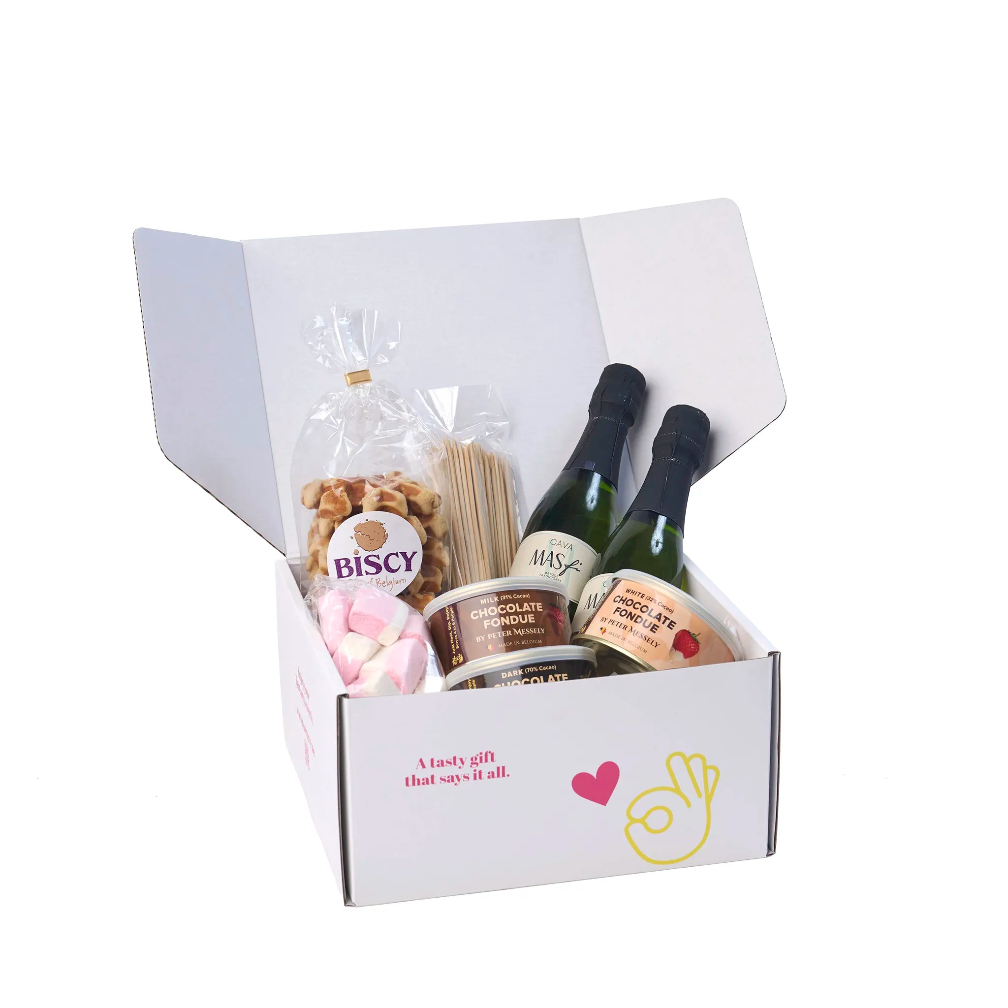 Chocolate Fondue, Bubbles & Sweets geschenkpakket mooi verpakt in de open cadeaudoos