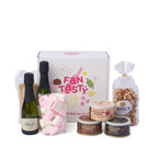 Alle producten uit het Chocolate Fondue, Bubbles & Sweets geschenkpakket uitgestald rondom de doos