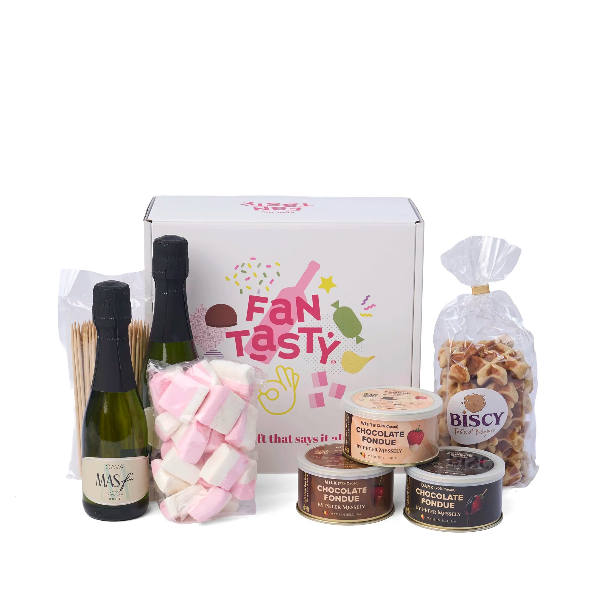 Alle producten uit het Chocolate Fondue, Bubbles & Sweets geschenkpakket uitgestald rondom de doos