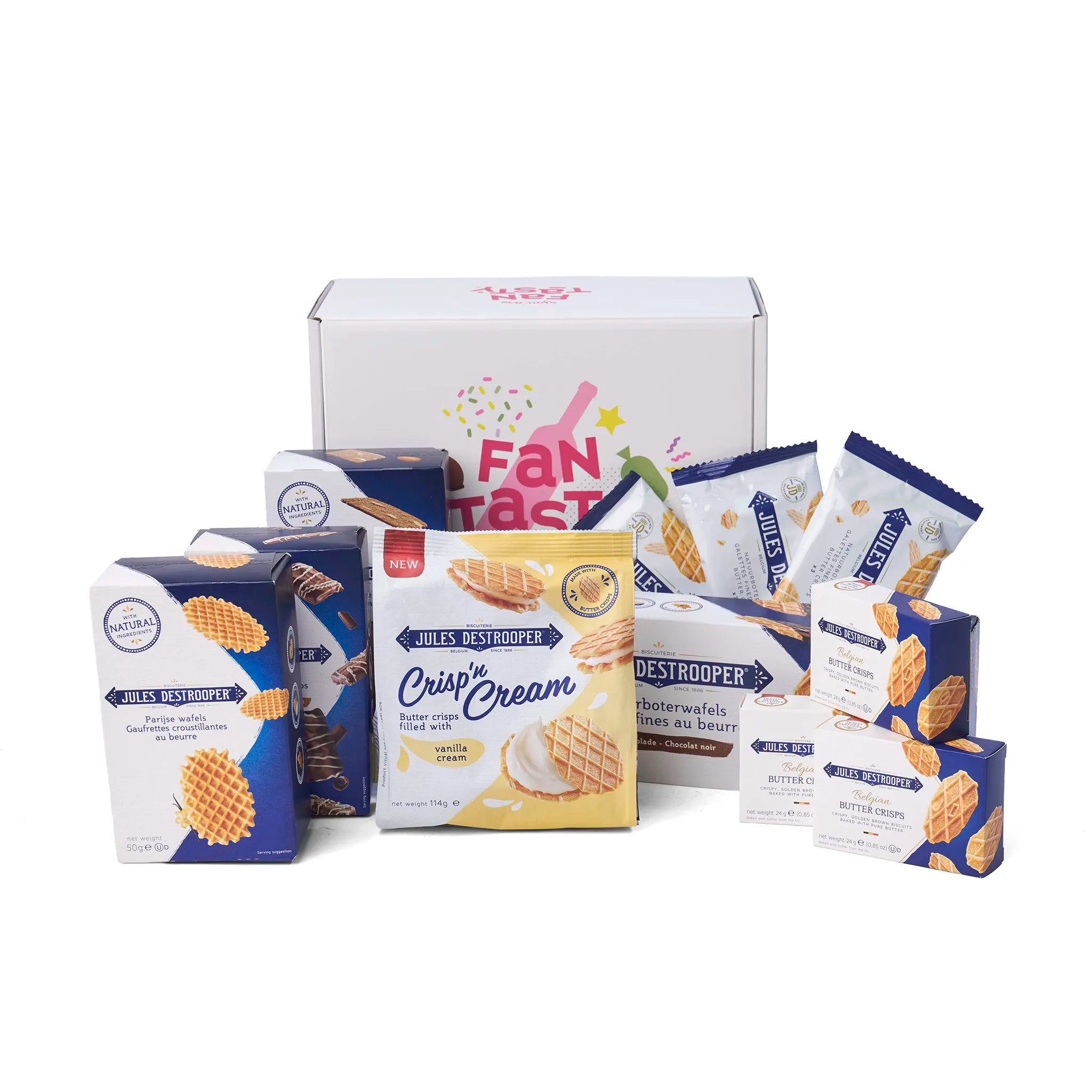 Alle producten uit het Deluxe Geschenk Jules Destrooper uitgestald rondom de doos