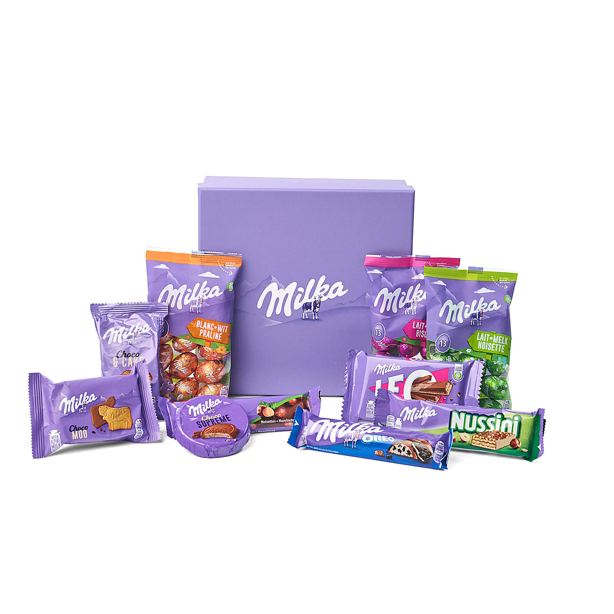 exclusief Milka Pasen geschenk doos met alle producten in de verpakking rond de doos