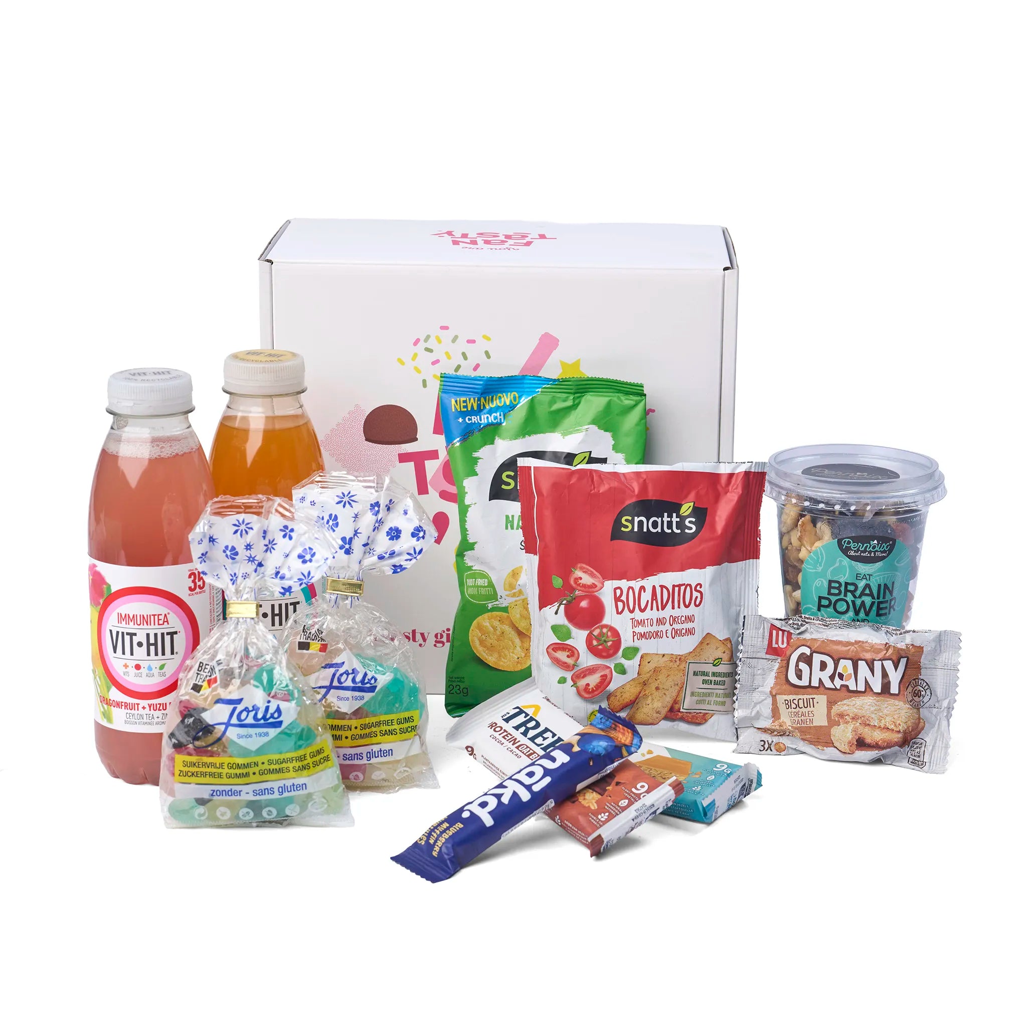 Alle producten uit het Geschenk Feel Good uitgestald rondom de doos