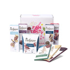 Alle producten uit het Geschenk The Belgian Chocolate uitgestald rondom de doos