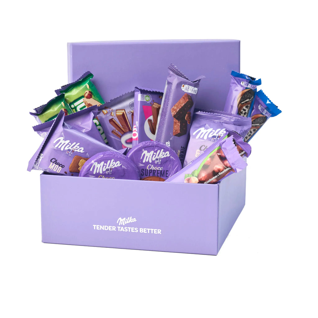 Milka Chocolate Gift Box Treats mooi verpakt in de open cadeaudoos