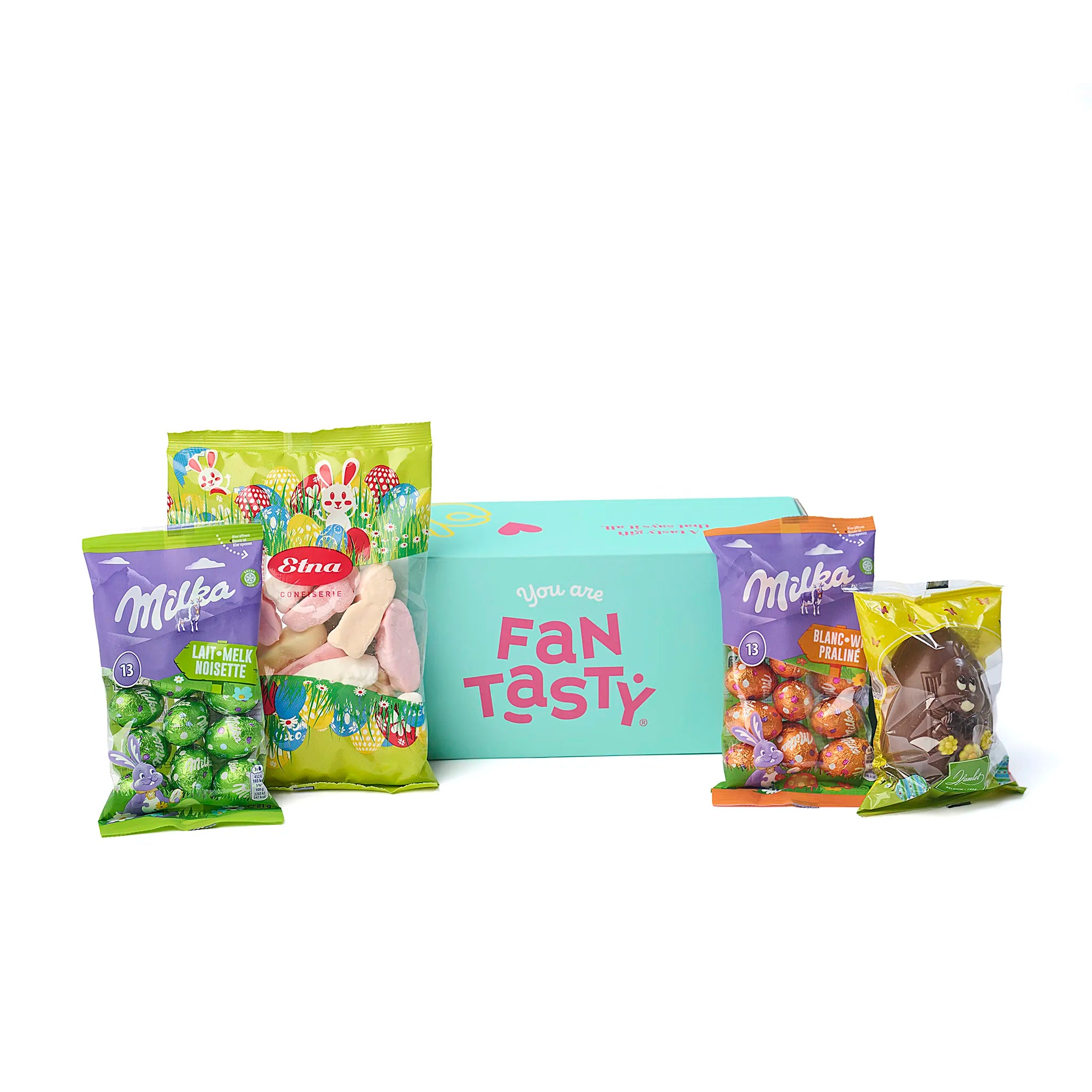 paasgeschenk pleasing easter met alle verpakkingen mooi uitgestald rond de doos