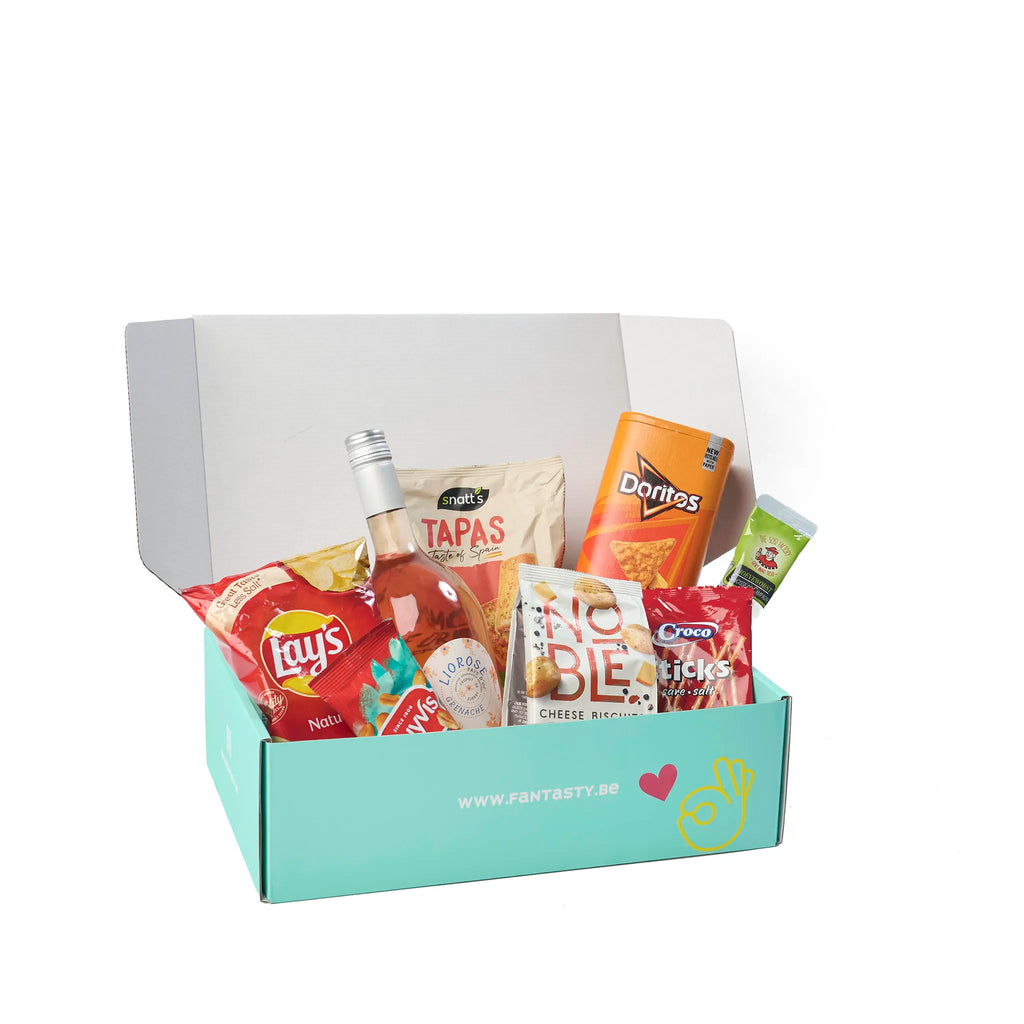 Aperitiefgeschenk 'Rosé Wine & Treats' mooi verpakt in de open cadeaudoos