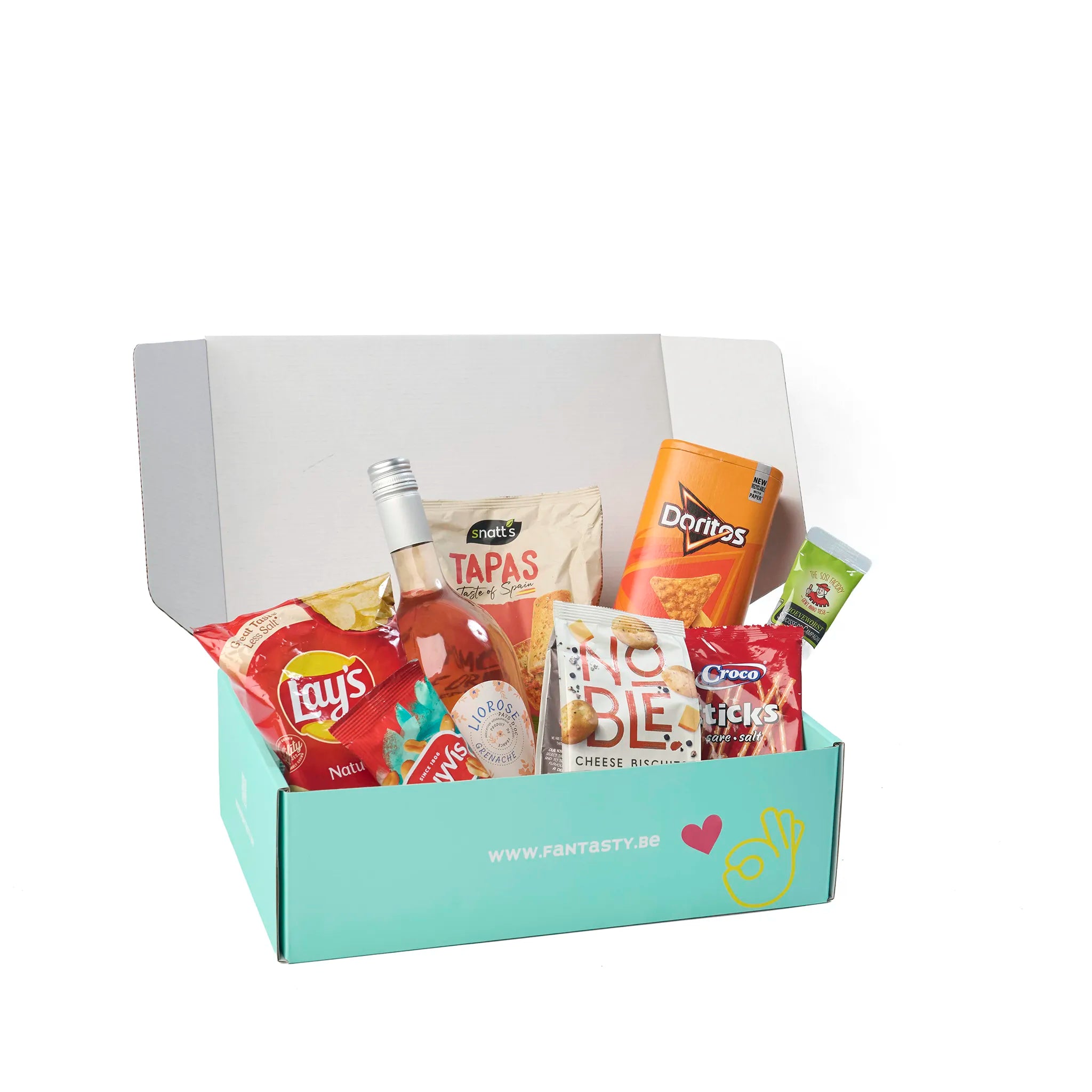 Aperitiefgeschenk 'Rosé Wine & Treats' mooi verpakt in de open cadeaudoos