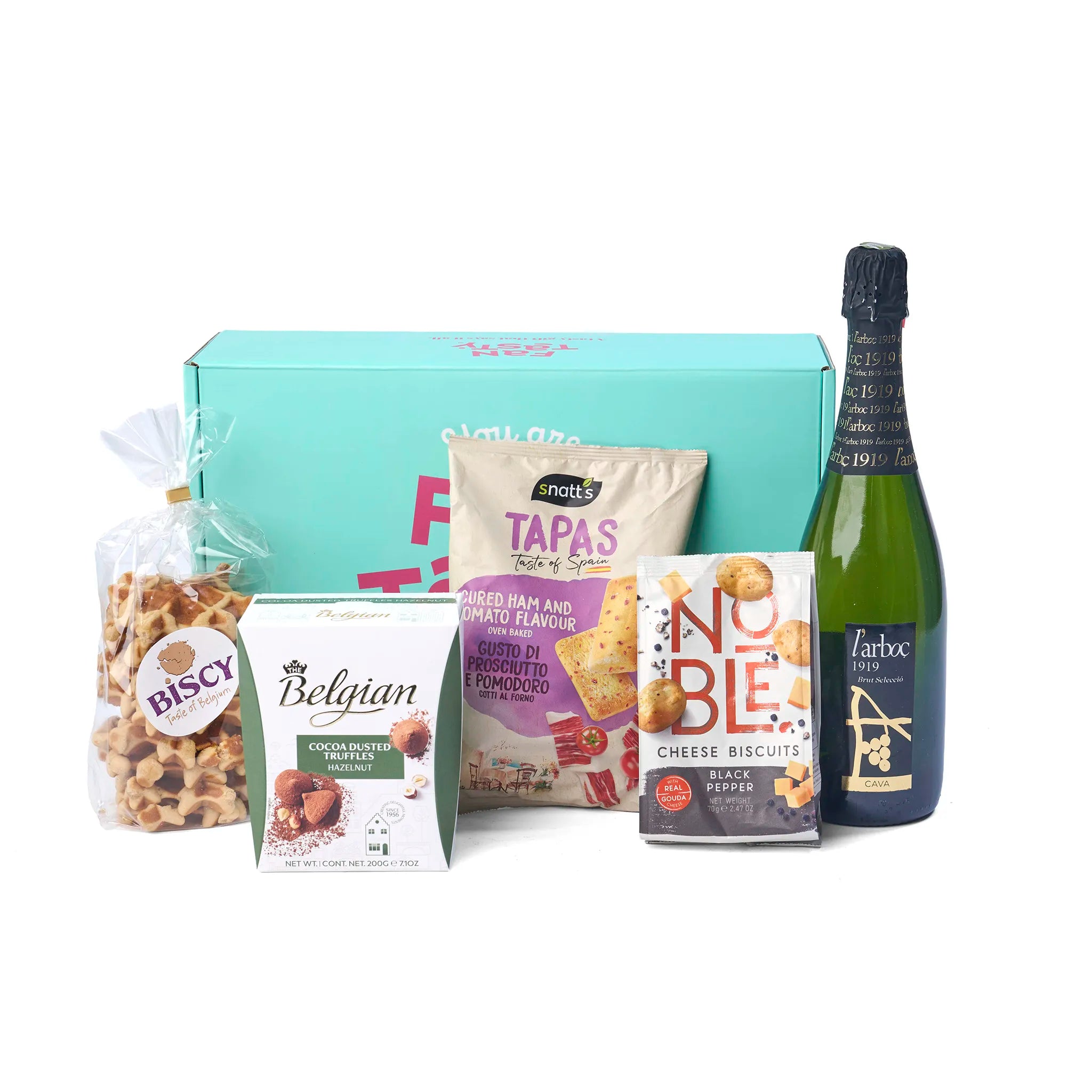 Alle producten uit het Geschenk Bubbels & Bites uitgestald rondom de doos