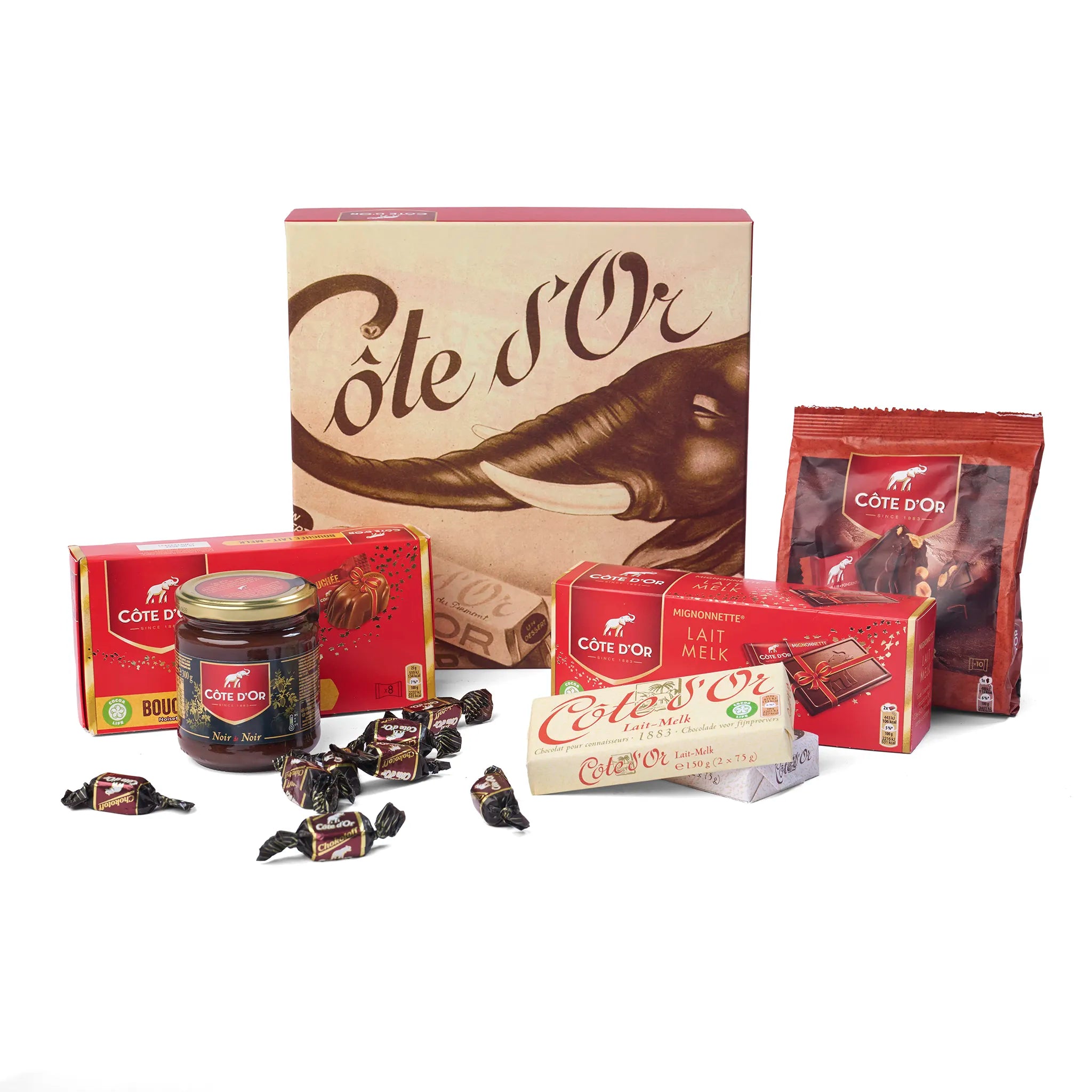 Alle producten uit het Geschenk Luxe Côte d’Or uitgestald rondom de doos