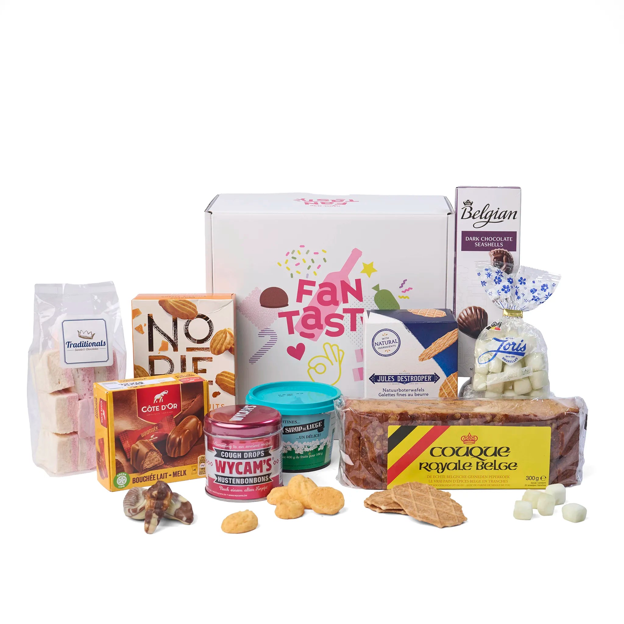 Sfeerbeeld van het Geschenk ‘Taste of Belgium’ met losse koekjes en snoepgoed naast de doos