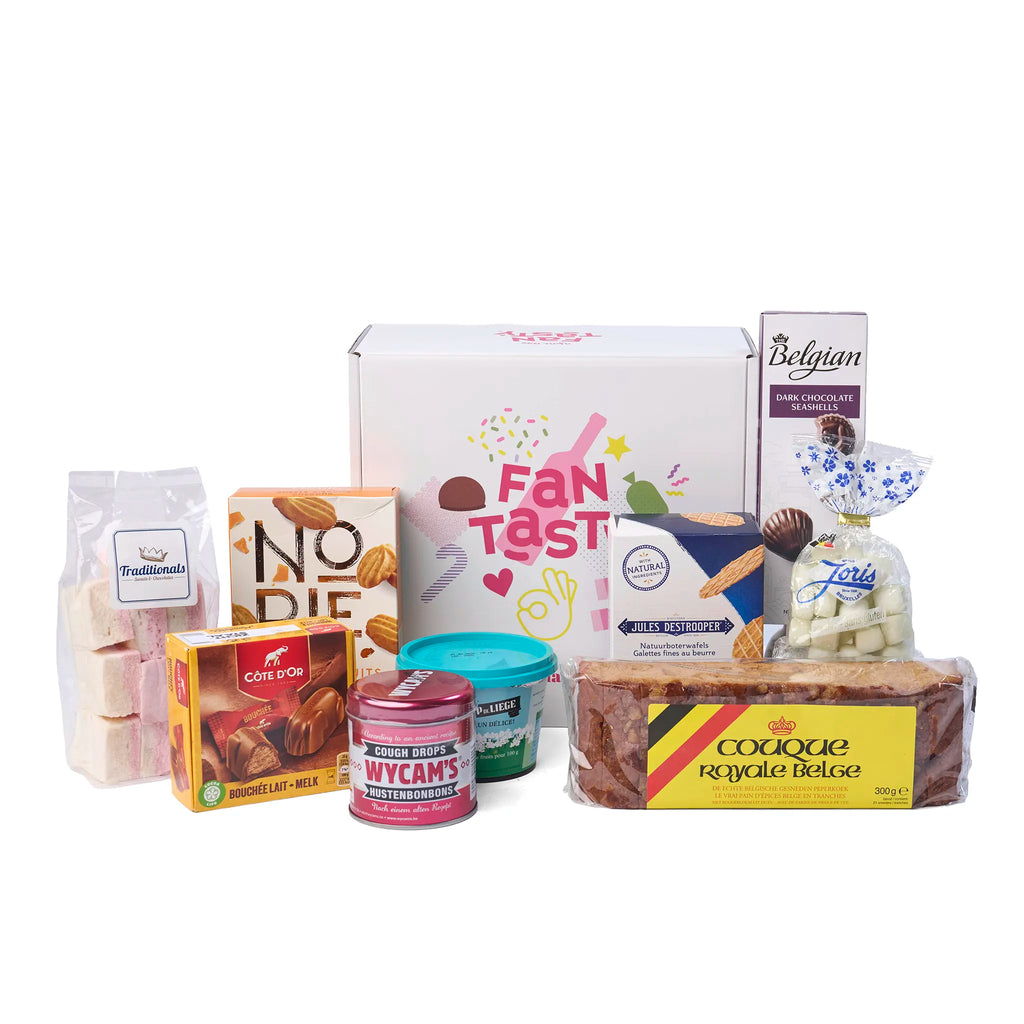 Alle producten uit het Geschenk ‘Taste of Belgium’ uitgestald rondom de doos
