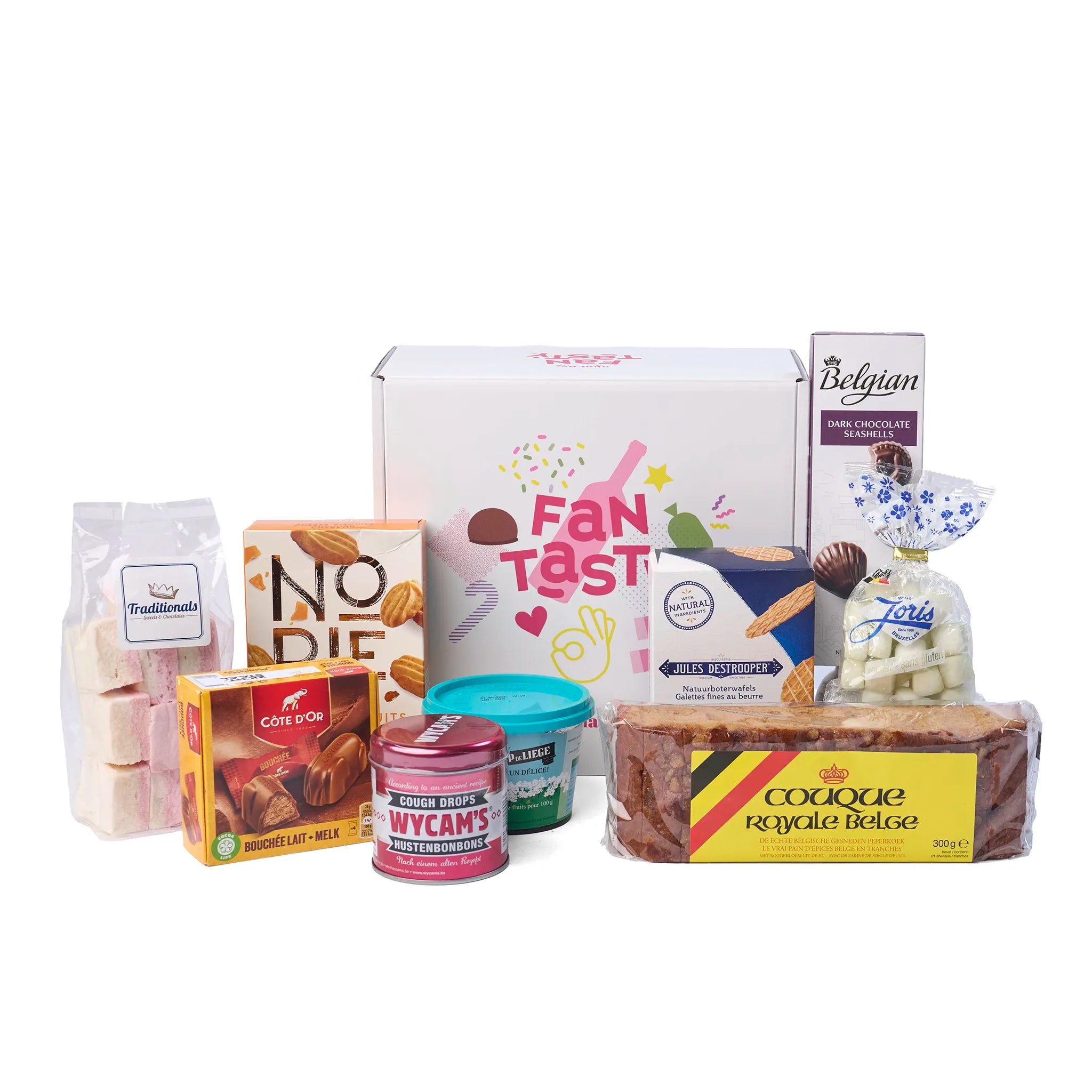 Alle producten uit het Geschenk ‘Taste of Belgium’ uitgestald rondom de doos